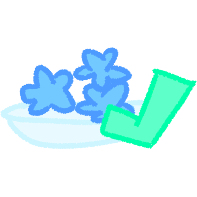 three blue gummy stars on a white plate. Next to the plate is a mint green checkmark